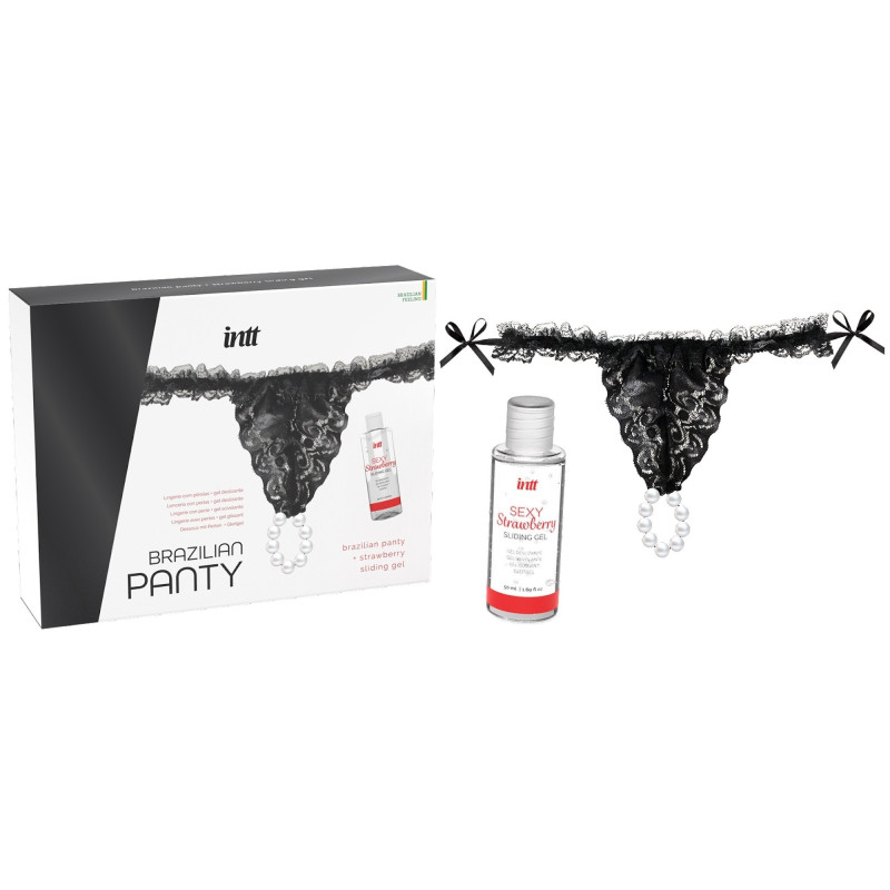 Набір Intt BRAZILIAN PANTY BLACK: трусики на зав'язках S-XL з перлинним кільцем + полуничне мастило