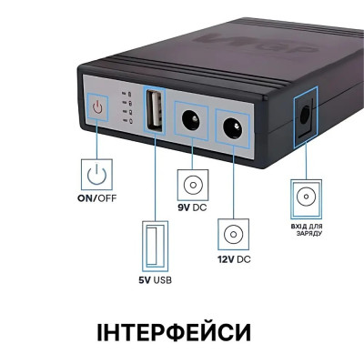 ДБЖ для роутера/камери WGP 103A-5912 MINI DC 10400mah 5v 9v 12v 32.56Wh Чорний