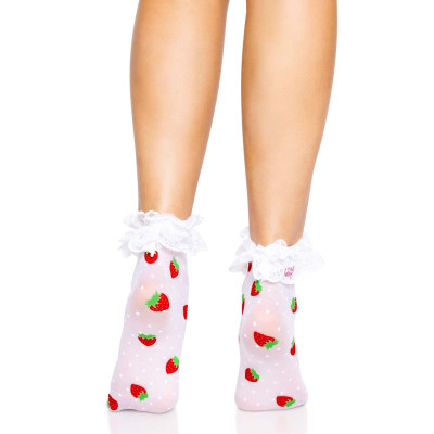 Шкарпетки жіночі з полуничним принтом Leg Avenue Strawberry ruffle top anklets One size, мереживні манж
