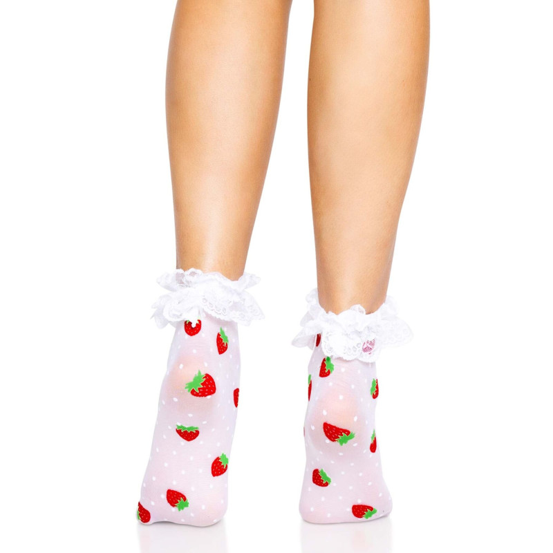 Шкарпетки жіночі з полуничним принтом Leg Avenue Strawberry ruffle top anklets One size, мереживні манж