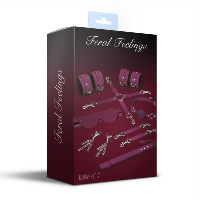 Набір Feral Feelings BDSM Kit 7 Burgundy, наручники, поножі, конектор, маска, паддл, кляп, затискачі
