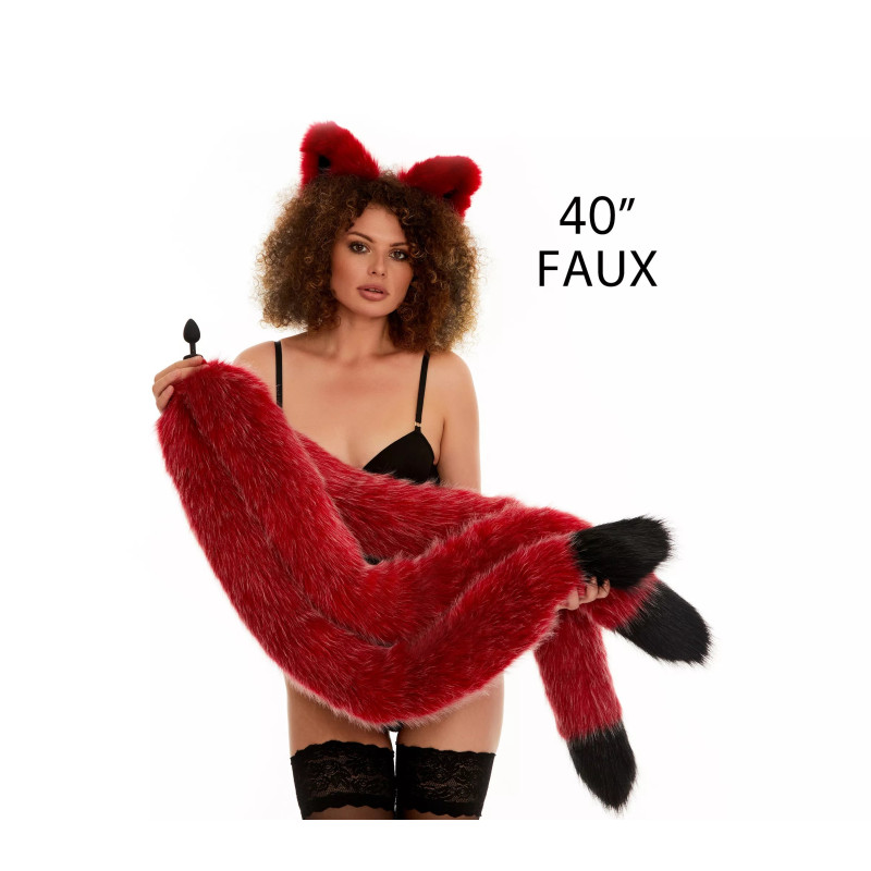 Анальний потрійний хутряний хвіст без пробки, Темно-червоний з чорним кінчиком, OKOVA 100 см.
