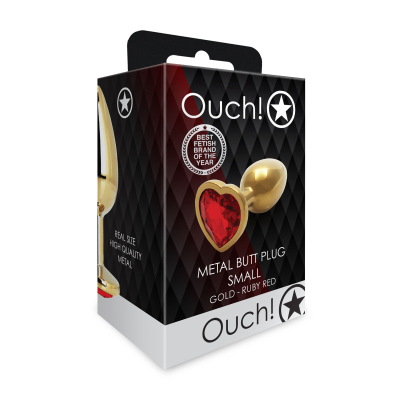 Металева анальна пробка Ouch! Heart Gem S, золотисто/червона