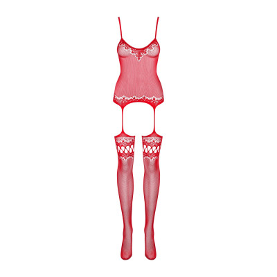 Бодістокінг Obsessive Bodystocking F214 red S/L, імітація корсету та панчох на підв'язках