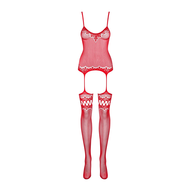 Бодістокінг Obsessive Bodystocking F214 red S/L, імітація корсету та панчох на підв'язках