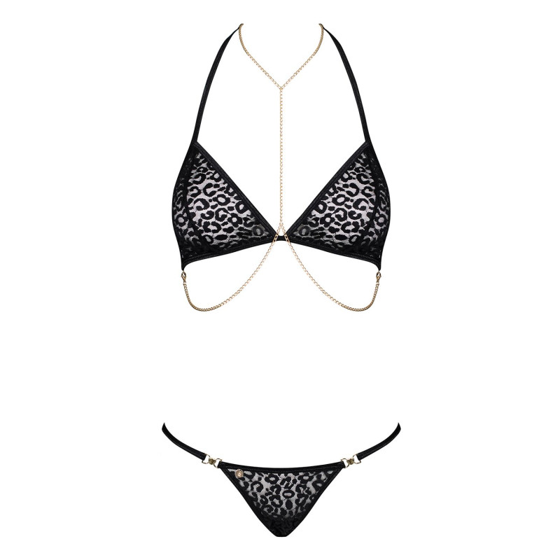 Комплект з ланцюжками Obsessive Pantheria 2-pcs set black S/M, бюстгальтер, трусики