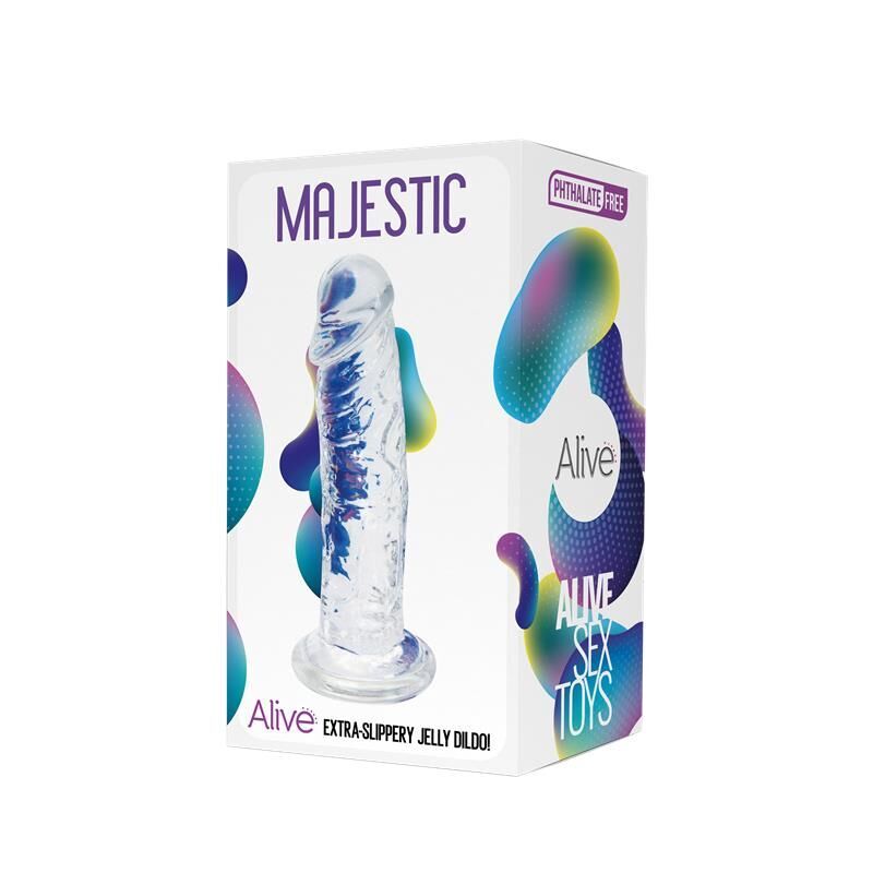 Прозорий фалоімітатор Alive Jelly Dildo Majestic, ТПЕ, присоска, діаметр 3.7см, довжина 14.7см (м'ята упаковка)