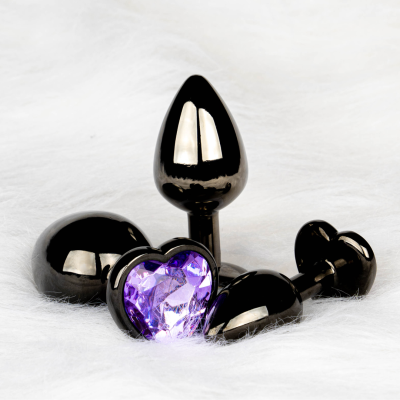 Металева анальна пробка Ouch! Heart Gem M, чорно/фіолетова