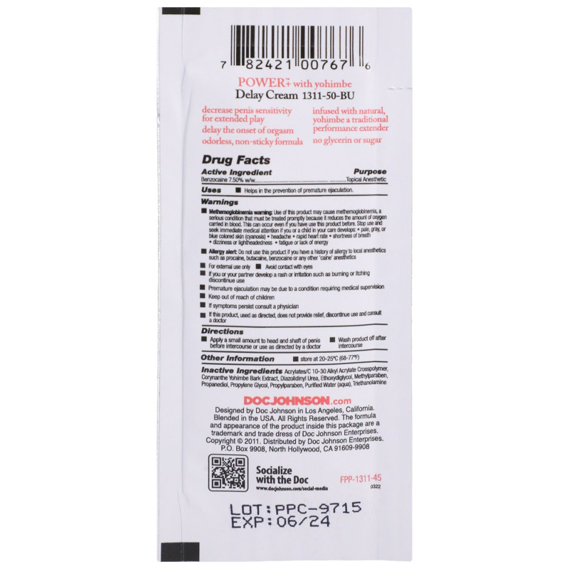 Потужний пролонгатор Doc Johnson Power+ Delay Cream For Men (7 мл) (термін 06.2024)