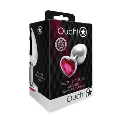 Металева анальна пробка Ouch! Heart Gem M, сріблясто/рожева