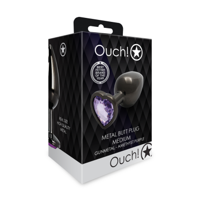 Металева анальна пробка Ouch! Heart Gem M, чорно/фіолетова