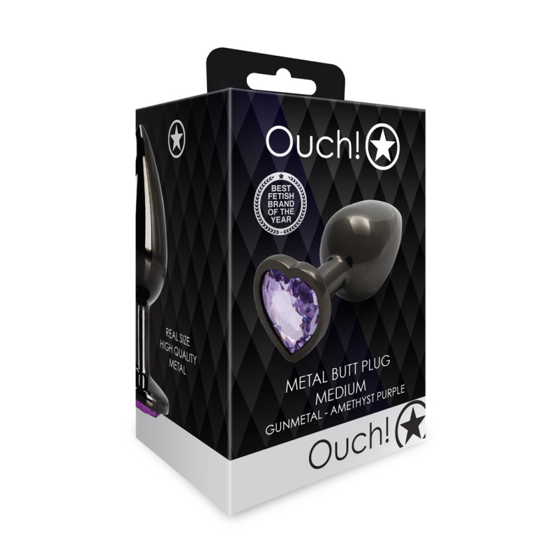 Металева анальна пробка Ouch! Heart Gem M, чорно/фіолетова