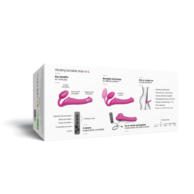 Безремневий страпон з вібрацією Strap-On-Me Vibrating Fuchsia L, діаметр 3,7 см, пульт ДК, що регулюється