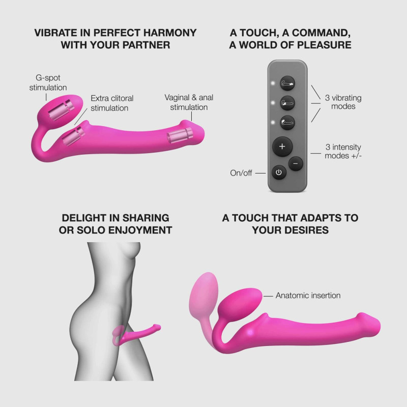 Безремневий страпон з вібрацією Strap-On-Me Vibrating Fuchsia L, діаметр 3,7 см, пульт ДК, що регулюється