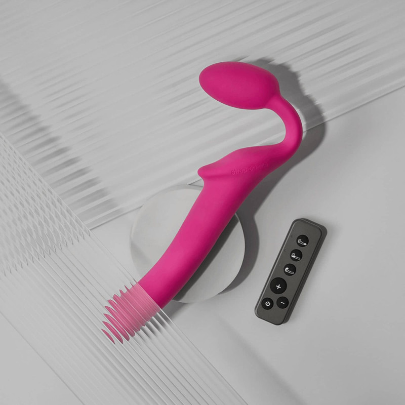 Безремневий страпон з вібрацією Strap-On-Me Vibrating Fuchsia L, діаметр 3,7 см, пульт ДК, що регулюється