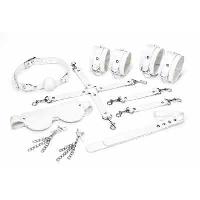 Набір Feral Feelings BDSM Kit 7 White, наручники, поножі, конектор, маска, паддл, кляп, затискачі