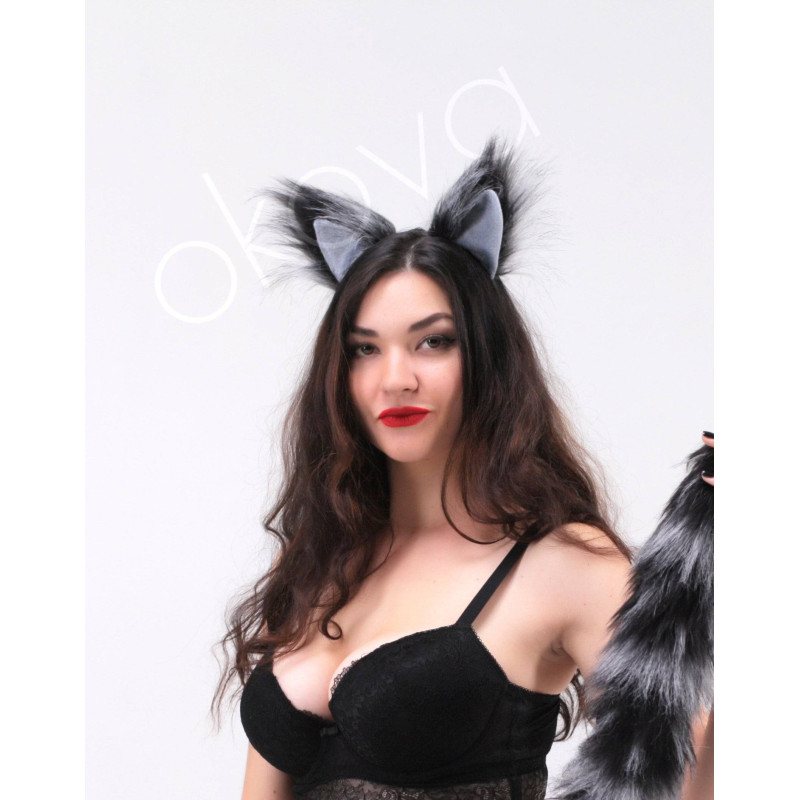 Хутряні вушка лисички OKOVA Fox ears silver with silver tip