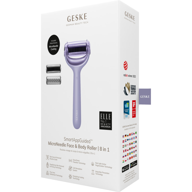 Електронний ролер для обличчя та тіла з мікроголками GESKE MicroNeedle Face&Body Roller 8 в 1 purple