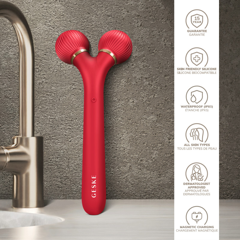 Електронний ультразвуковий ролик для обличчя GESKE Sonic Facial Roller 4 в 1 red