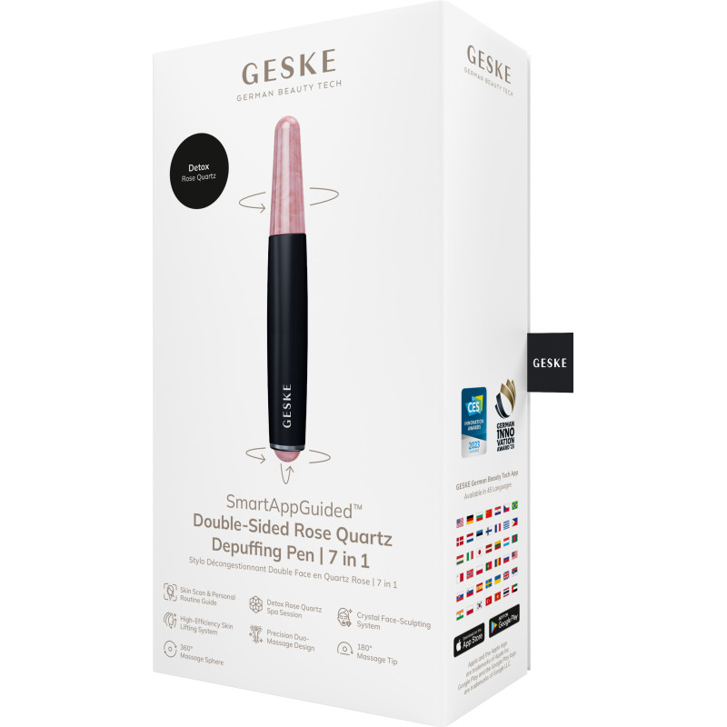 Ручка-масажер для обличчя з рожевим кварцом GESKE SmartAppGuided Double-Sided Rose Quartz Depuffing Pen 7в1 black