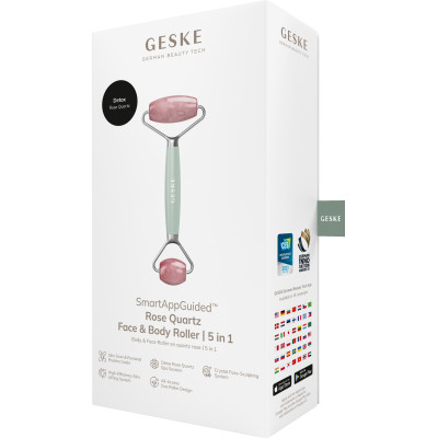 Ролер-масажер для обличчя та тіла з рожевим кварцом GESKE SmartAppGuided Rose Quartz Face & Body Roller 5in1 green