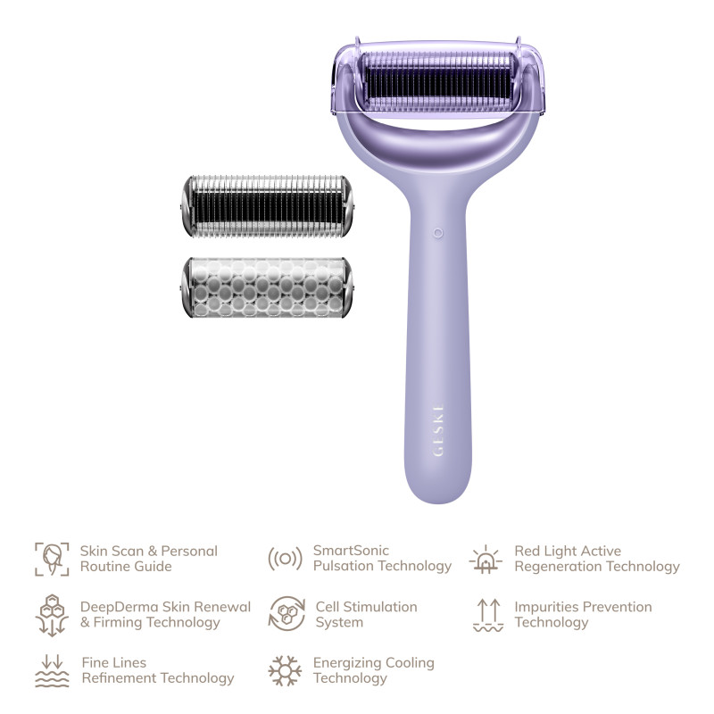 Електронний ролер для обличчя та тіла з мікроголками GESKE MicroNeedle Face&Body Roller 8 в 1 purple