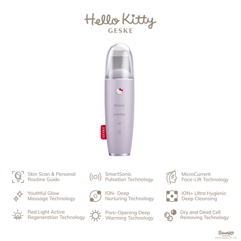 Мікрострумовий скрабер для шкіри і усунення чорних точок GESKE MicroCurrent Skin Scrubber&Blackhead Remover 9 в 1 Hello Kitty purple