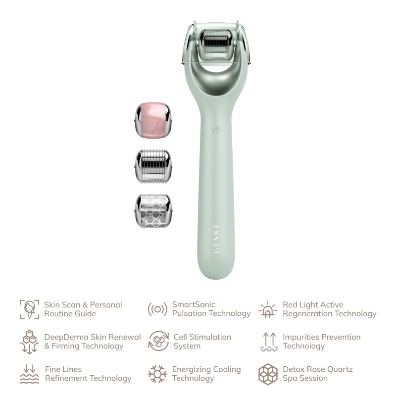 Електронний ролер для обличчя з мікроголками GESKE MicroNeedle Face Roller 9 в 1 green