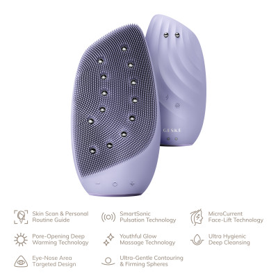 Очищувальна щітка для обличчя GESKE Sonic Thermo Facial Brush&Face-Lifter 8 в 1 purple
