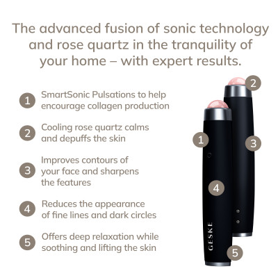 Ручка-масажер для обличчя з рожевим кварцом GESKE SmartAppGuided Sonic Rose Quartz LED Depuffing Pen 8in1 black