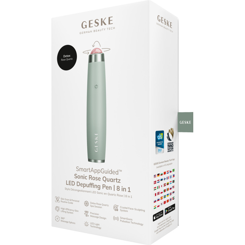 Ручка-масажер для обличчя з рожевим кварцом GESKE SmartAppGuided Sonic Rose Quartz LED Depuffing Pen 8in1 green
