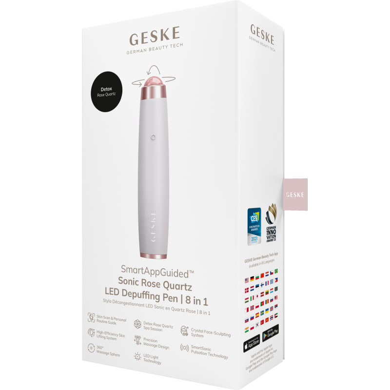 Ручка-масажер для обличчя з рожевим кварцом GESKE SmartAppGuided Sonic Rose Quartz LED Depuffing Pen 8in1 starlight
