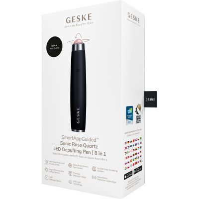 Ручка-масажер для обличчя з рожевим кварцом GESKE SmartAppGuided Sonic Rose Quartz LED Depuffing Pen 8in1 black