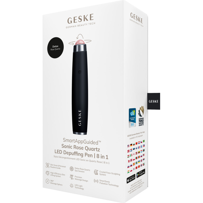 Ручка-масажер для обличчя з рожевим кварцом GESKE SmartAppGuided Sonic Rose Quartz LED Depuffing Pen 8in1 black